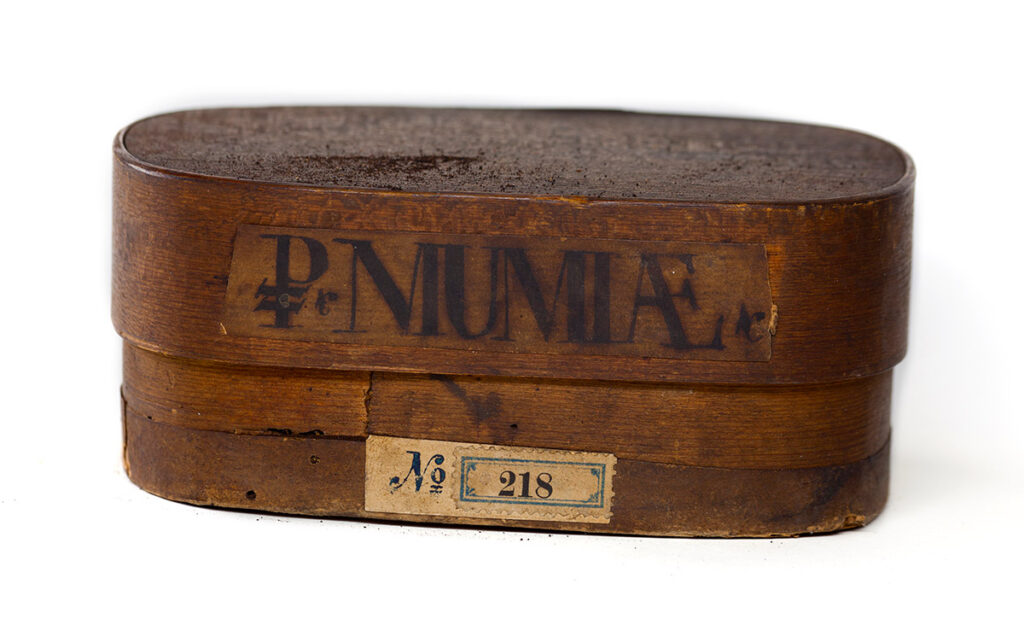 Mummy Brown's most essential ingredient. Apothecary vessel with the inscription "MUMIÆ" and inventory number 218.