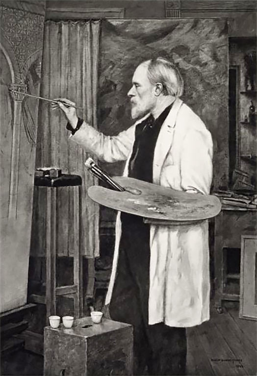 Edward Burne-Jones, Mummy Brown user, paints in his studio.