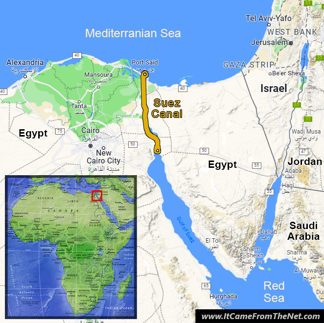 Map of the Suez Canal by It Came From The Net, incorporating images © 2023 Google Maps.